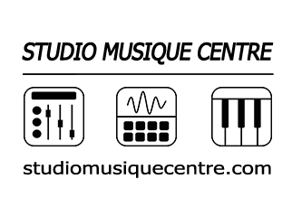 Logo StudioMusiqueCentre composé de 3 dessins table de mixage ordinateur et clavier avec le site internet studiomusiquecentre.com